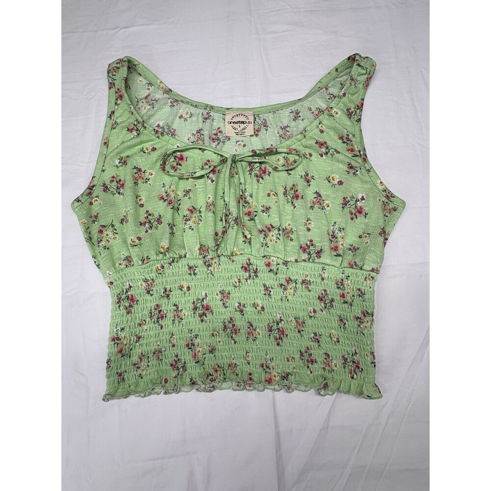One Step Up Womens Large Green Floral Crop Top Smocked Tie Front Sleeveless